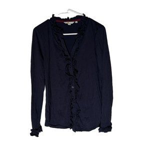 Boden Navy Blue Long Sleeve Button Front Ruffled Top Size US10